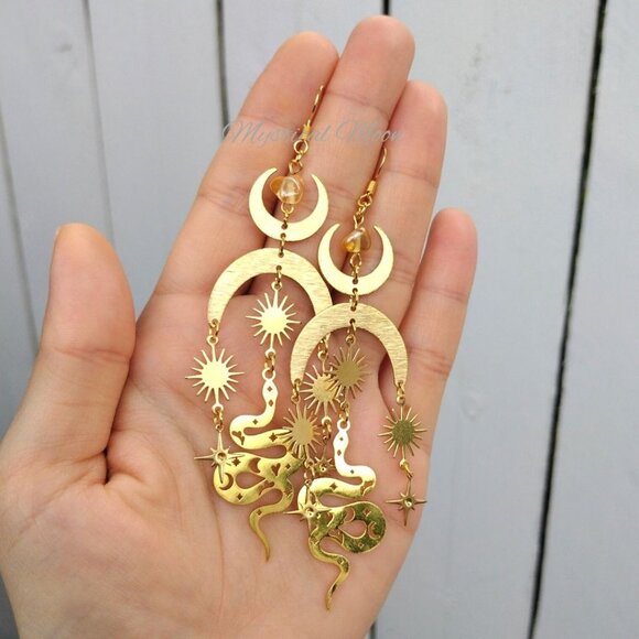 Jewelry - Snake Chandelier Gothic Earrings with Moon & Stars Witchy Wiccan Jewelry